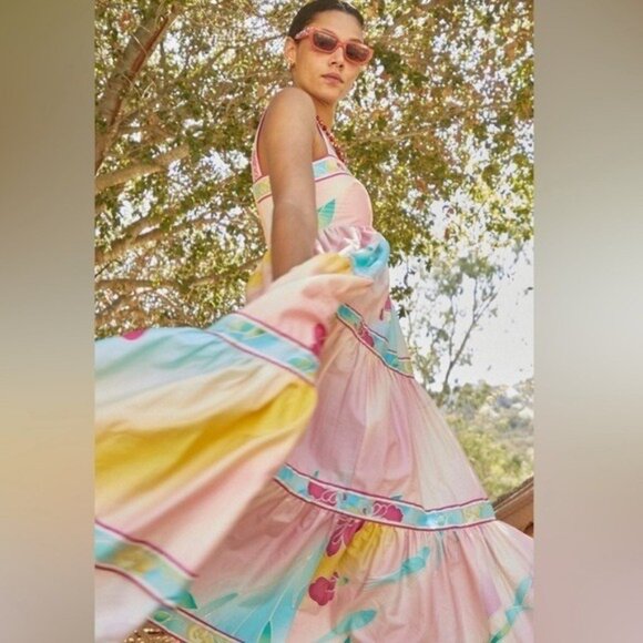 Hunter Bell Rita Dress Multi Flower Tiered Floral Pink Blue Midi Dress Sz Large - Picture 1 of 11